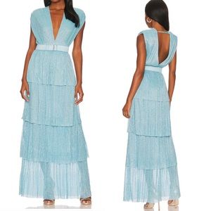 Sabina Musayev Skylar Dress in Marine Blue Metallic Shimmer Tiered *Missing belt